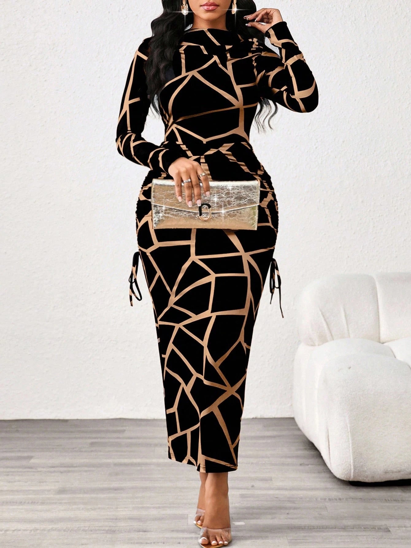 Lady 2025 New Contrast Color Leopard Print Women's Dress,Slim Fit Long Sleeve Boat Collar Black&Khaki Elegant Chic Night Out Autumn Blackness Fall Dresses