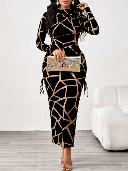 Lady 2025 New Contrast Color Leopard Print Women's Dress,Slim Fit Long Sleeve Boat Collar Black&Khaki Elegant Chic Night Out Autumn Blackness Fall Dresses