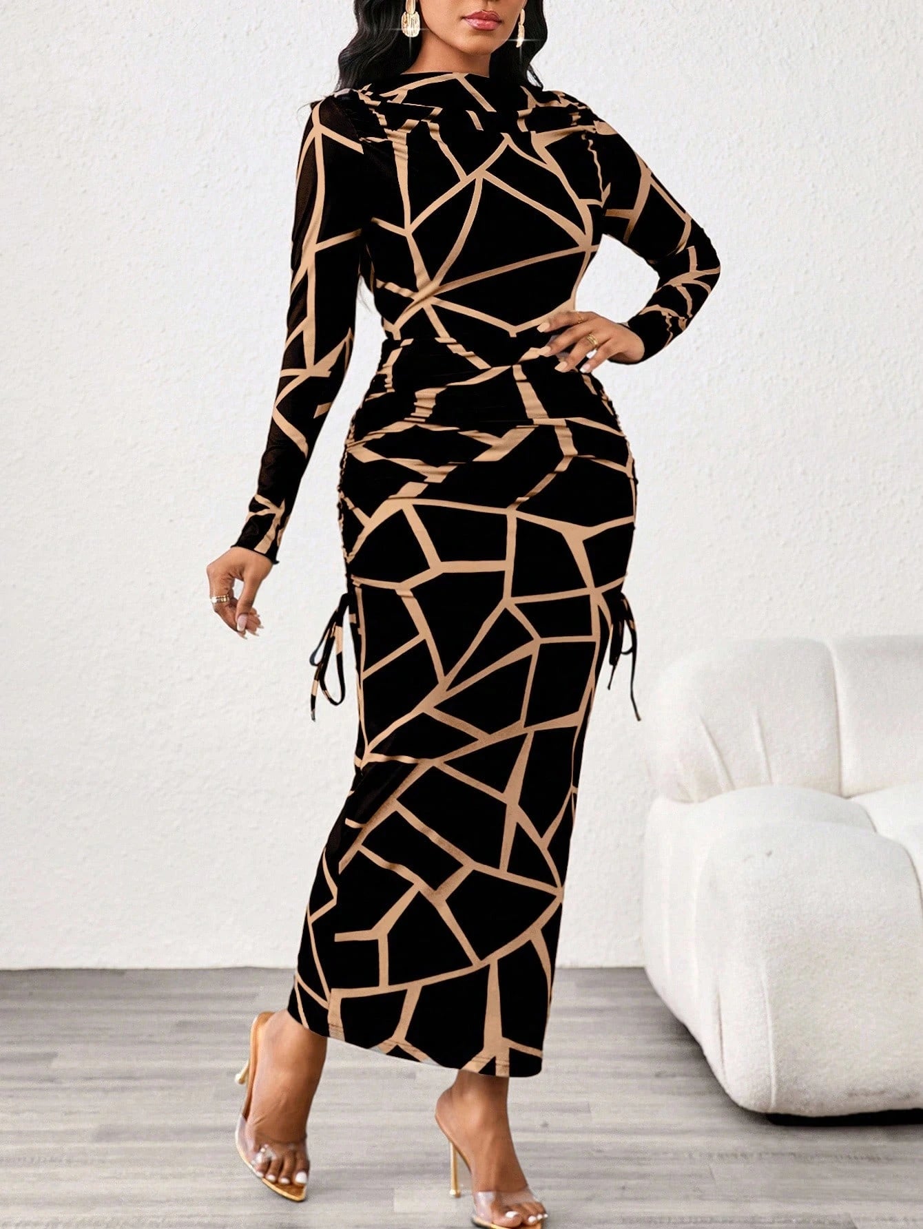 Lady 2025 New Contrast Color Leopard Print Women's Dress,Slim Fit Long Sleeve Boat Collar Black&Khaki Elegant Chic Night Out Autumn Blackness Fall Dresses