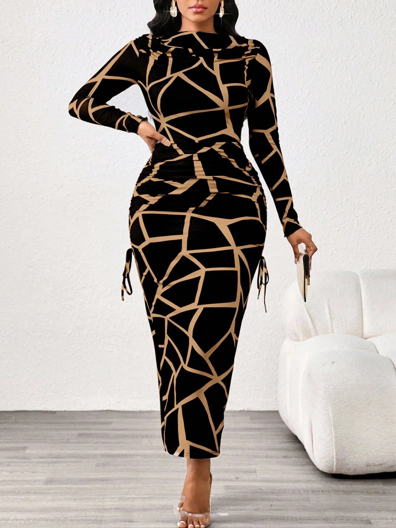 Lady 2025 New Contrast Color Leopard Print Women's Dress,Slim Fit Long Sleeve Boat Collar Black&Khaki Elegant Chic Night Out Autumn Blackness Fall Dresses