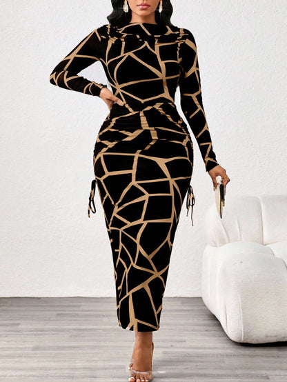 Lady 2025 New Contrast Color Leopard Print Women's Dress,Slim Fit Long Sleeve Boat Collar Black&Khaki Elegant Chic Night Out Autumn Blackness Fall Dresses