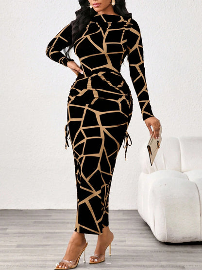 Lady 2025 New Contrast Color Leopard Print Women's Dress,Slim Fit Long Sleeve Boat Collar Black&Khaki Elegant Chic Night Out Autumn Blackness Fall Dresses