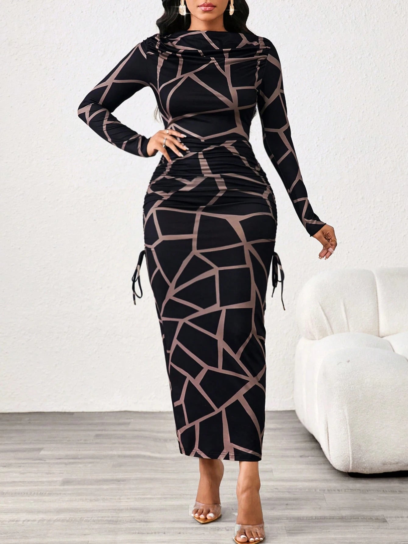 Lady 2025 New Contrast Color Leopard Print Women's Dress,Slim Fit Long Sleeve Boat Collar Black&Khaki Elegant Chic Night Out Autumn Blackness Fall Dresses