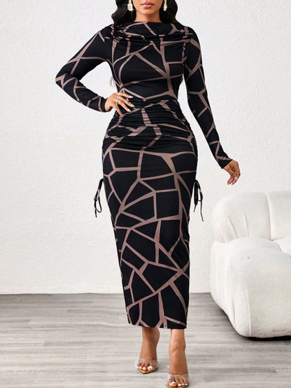 Lady 2025 New Contrast Color Leopard Print Women's Dress,Slim Fit Long Sleeve Boat Collar Black&Khaki Elegant Chic Night Out Autumn Blackness Fall Dresses