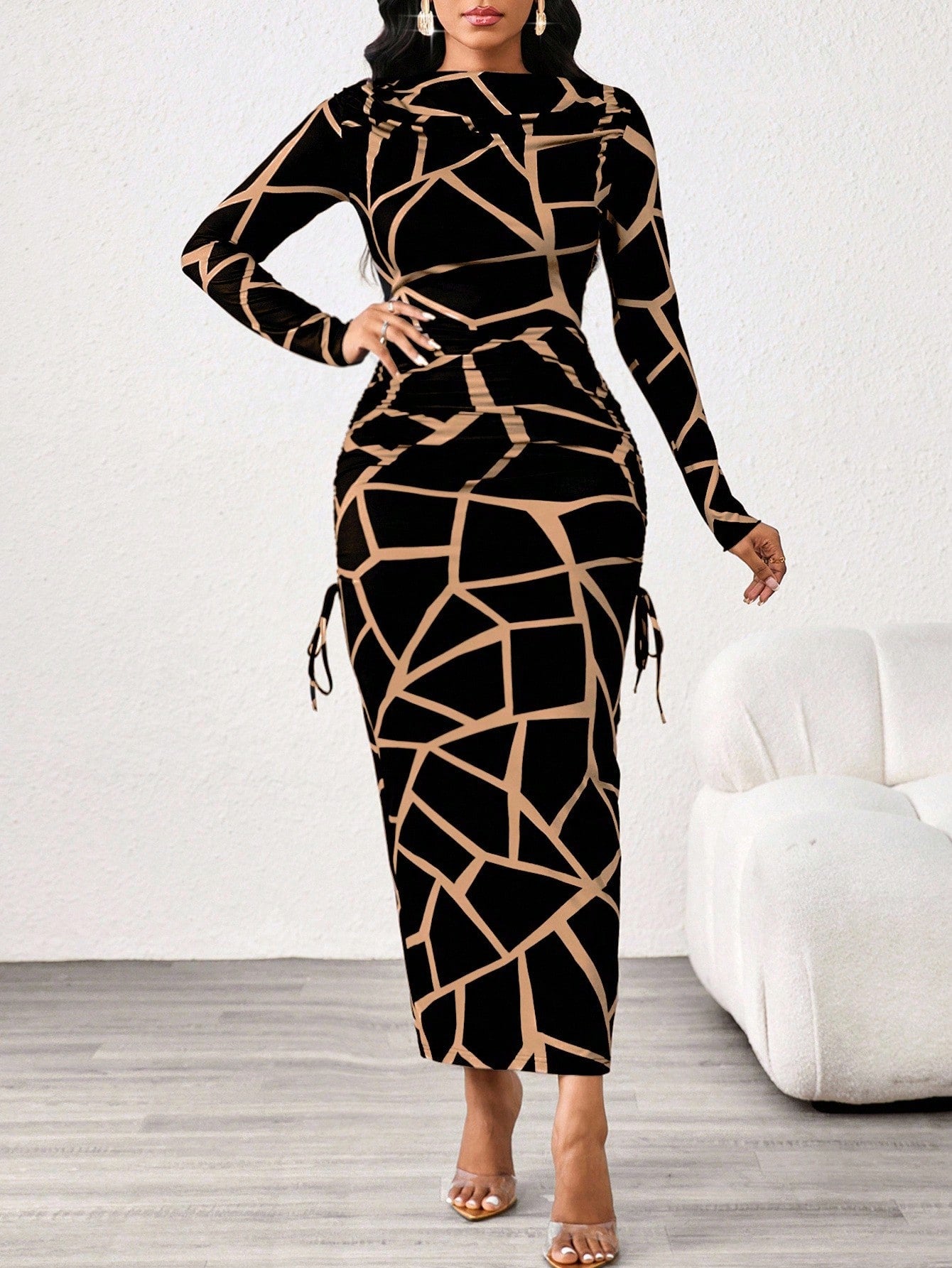 Lady 2025 New Contrast Color Leopard Print Women's Dress,Slim Fit Long Sleeve Boat Collar Black&Khaki Elegant Chic Night Out Autumn Blackness Fall Dresses