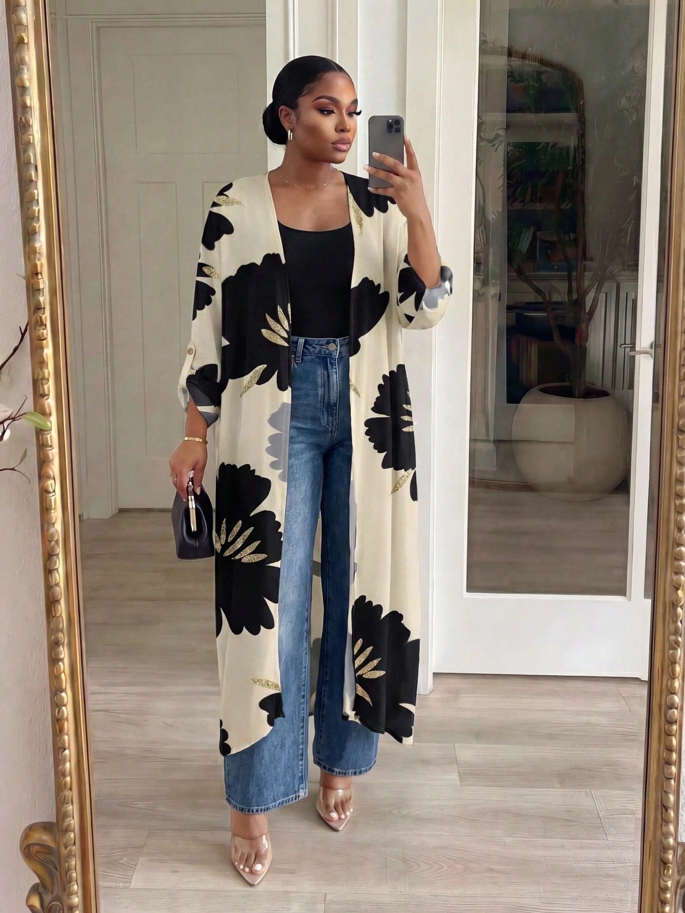 Lady CURVE White Semi-Sheer Kimono Sleeve Coat With Bold Floral Print And Midi Length For Women In Fall/Winter,Casual Long Cardigan For Women Women Casual Outfits Long Cardigans Woman Summer Wom
