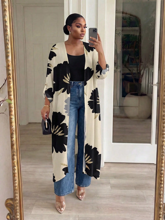 Lady CURVE White Semi-Sheer Kimono Sleeve Coat With Bold Floral Print And Midi Length For Women In Fall/Winter,Casual Long Cardigan For Women Women Casual Outfits Long Cardigans Woman Summer Wom