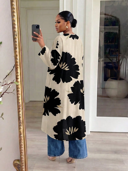 Lady CURVE White Semi-Sheer Kimono Sleeve Coat With Bold Floral Print And Midi Length For Women In Fall/Winter,Casual Long Cardigan For Women Women Casual Outfits Long Cardigans Woman Summer Wom