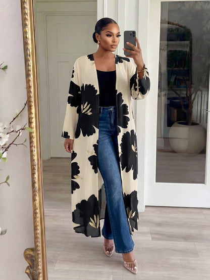 Lady CURVE White Semi-Sheer Kimono Sleeve Coat With Bold Floral Print And Midi Length For Women In Fall/Winter,Casual Long Cardigan For Women Women Casual Outfits Long Cardigans Woman Summer Wom