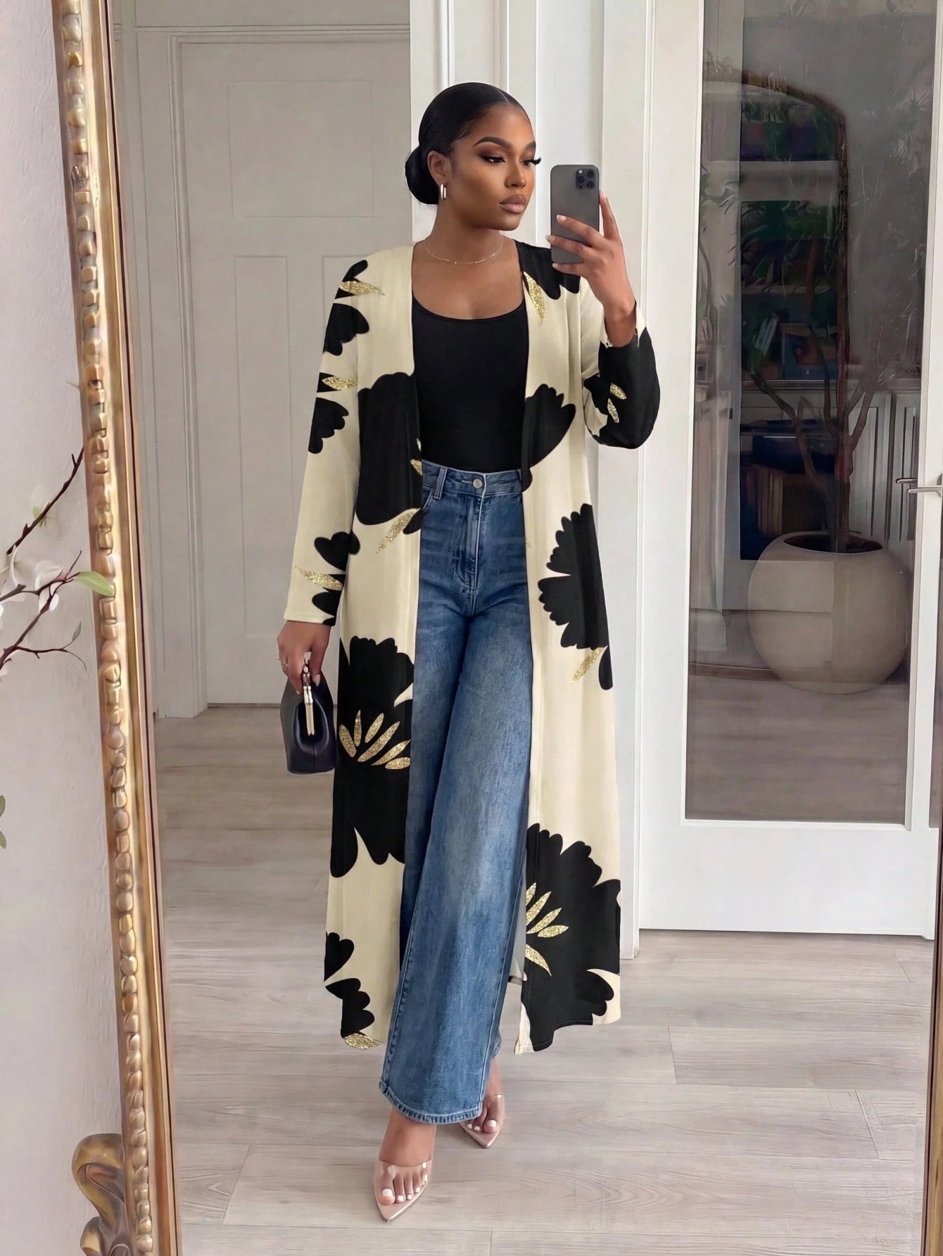 Lady CURVE White Semi-Sheer Kimono Sleeve Coat With Bold Floral Print And Midi Length For Women In Fall/Winter,Casual Long Cardigan For Women Women Casual Outfits Long Cardigans Woman Summer Wom