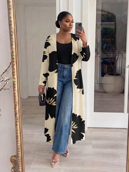 Lady CURVE White Semi-Sheer Kimono Sleeve Coat With Bold Floral Print And Midi Length For Women In Fall/Winter,Casual Long Cardigan For Women Women Casual Outfits Long Cardigans Woman Summer Wom