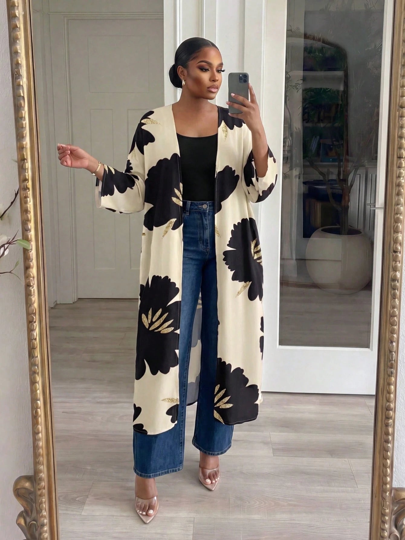 Lady CURVE White Semi-Sheer Kimono Sleeve Coat With Bold Floral Print And Midi Length For Women In Fall/Winter,Casual Long Cardigan For Women Women Casual Outfits Long Cardigans Woman Summer Wom