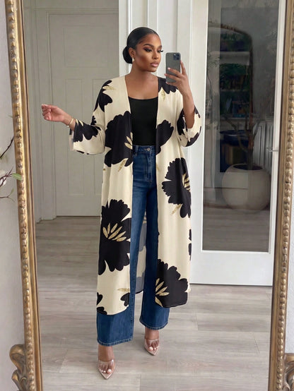 Lady CURVE White Semi-Sheer Kimono Sleeve Coat With Bold Floral Print And Midi Length For Women In Fall/Winter,Casual Long Cardigan For Women Women Casual Outfits Long Cardigans Woman Summer Wom
