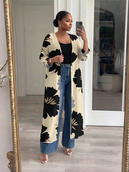 Lady CURVE White Semi-Sheer Kimono Sleeve Coat With Bold Floral Print And Midi Length For Women In Fall/Winter,Casual Long Cardigan For Women Women Casual Outfits Long Cardigans Woman Summer Wom