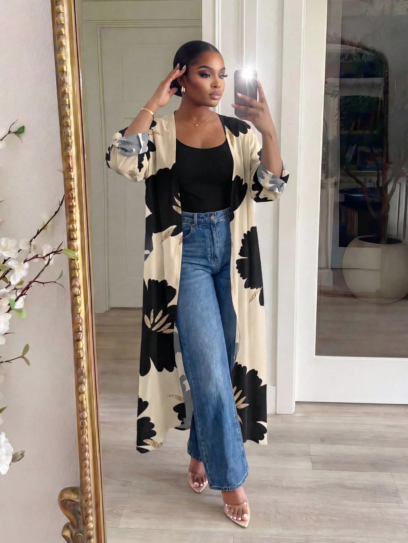 Lady CURVE White Semi-Sheer Kimono Sleeve Coat With Bold Floral Print And Midi Length For Women In Fall/Winter,Casual Long Cardigan For Women Women Casual Outfits Long Cardigans Woman Summer Wom