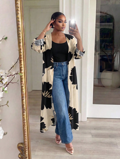 Lady CURVE White Semi-Sheer Kimono Sleeve Coat With Bold Floral Print And Midi Length For Women In Fall/Winter,Casual Long Cardigan For Women Women Casual Outfits Long Cardigans Woman Summer Wom
