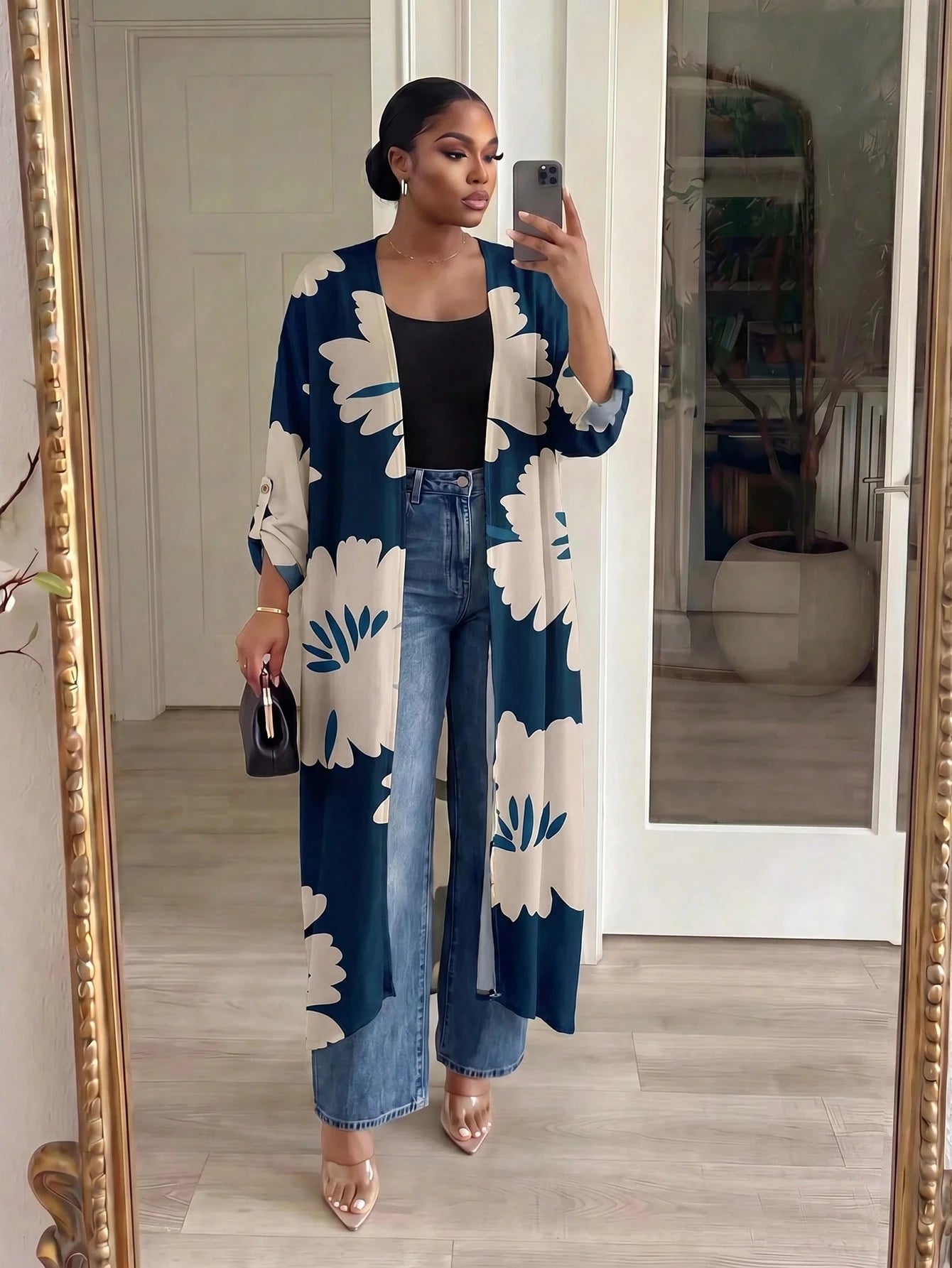 Lady CURVE White Semi-Sheer Kimono Sleeve Coat With Bold Floral Print And Midi Length For Women In Fall/Winter,Casual Long Cardigan For Women Women Casual Outfits Long Cardigans Woman Summer Wom