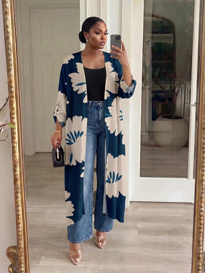 Lady CURVE White Semi-Sheer Kimono Sleeve Coat With Bold Floral Print And Midi Length For Women In Fall/Winter,Casual Long Cardigan For Women Women Casual Outfits Long Cardigans Woman Summer Wom