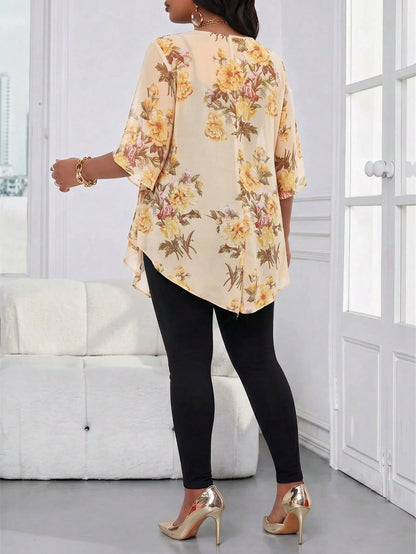 Lady Plus Size Women Floral Print Casual Elegant Daily Wear Formal Vacation Shirt Brunch Tea Party Bussines Formal Wedding Guest Beige Summer