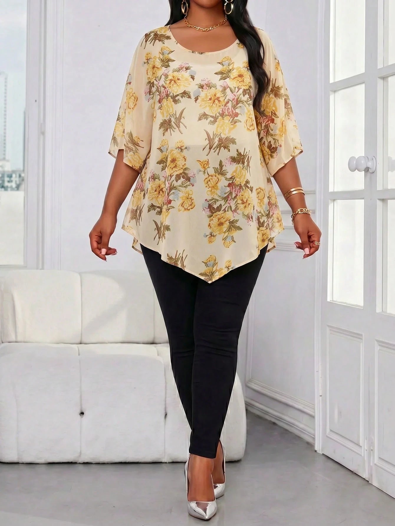 Lady Plus Size Women Floral Print Casual Elegant Daily Wear Formal Vacation Shirt Brunch Tea Party Bussines Formal Wedding Guest Beige Summer