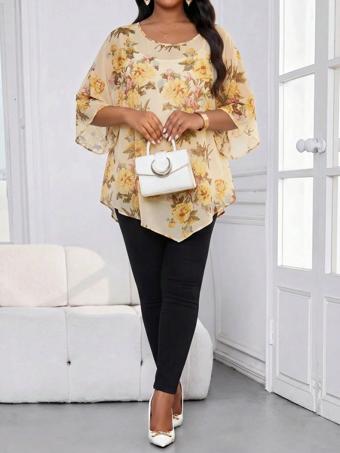 Lady Plus Size Women Floral Print Casual Elegant Daily Wear Formal Vacation Shirt Brunch Tea Party Bussines Formal Wedding Guest Beige Summer
