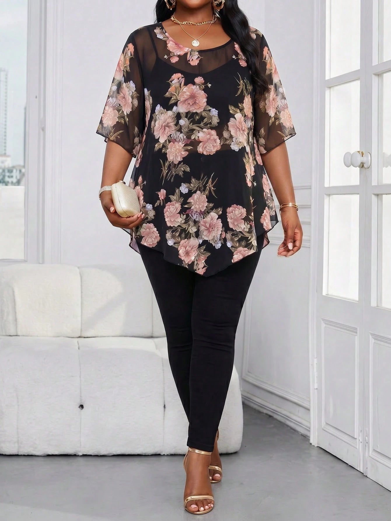 Lady Plus Size Women Floral Print Casual Elegant Daily Wear Formal Vacation Shirt Brunch Tea Party Bussines Formal Wedding Guest Beige Summer