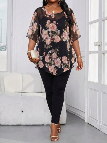 Lady Plus Size Women Floral Print Casual Elegant Daily Wear Formal Vacation Shirt Brunch Tea Party Bussines Formal Wedding Guest Beige Summer