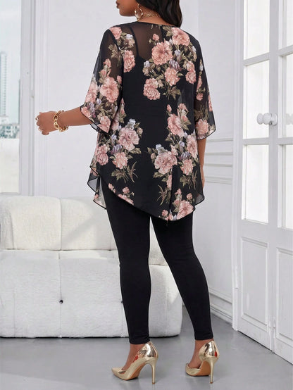 Lady Plus Size Women Floral Print Casual Elegant Daily Wear Formal Vacation Shirt Brunch Tea Party Bussines Formal Wedding Guest Beige Summer