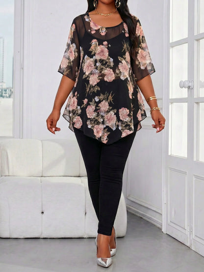 Lady Plus Size Women Floral Print Casual Elegant Daily Wear Formal Vacation Shirt Brunch Tea Party Bussines Formal Wedding Guest Beige Summer