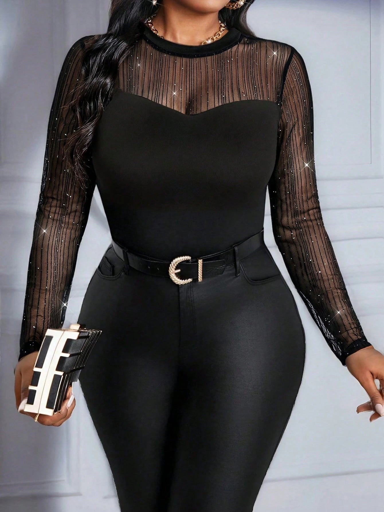 Lady Plus Size Women's Patchwork Glitter Mesh Round Neck Long Sleeve Slim Fit T-Shirt