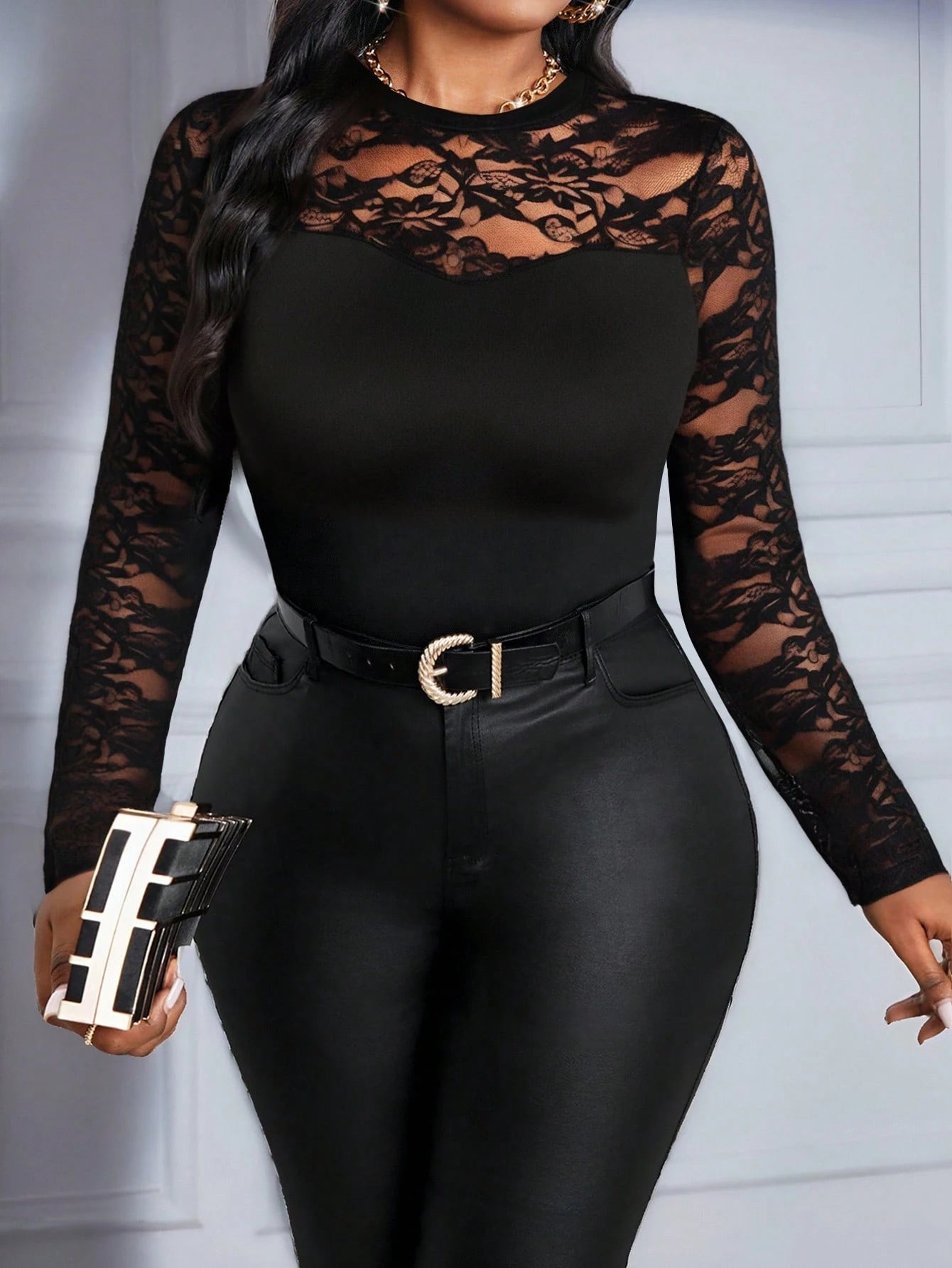 Lady Plus Size Women's Patchwork Glitter Mesh Round Neck Long Sleeve Slim Fit T-Shirt