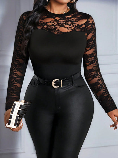 Lady Plus Size Women's Patchwork Glitter Mesh Round Neck Long Sleeve Slim Fit T-Shirt