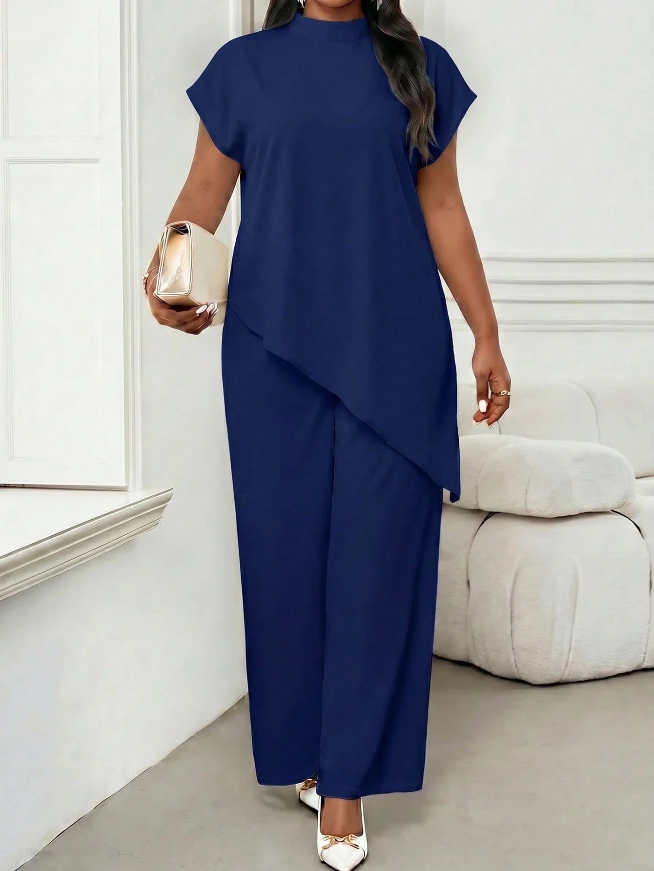 Lady Plus Size Women's Solid Color Stand Collar Top And Long Pants Casual Elegant Evening Set Party Formal Office Navy Blue Summer Teachers' Day