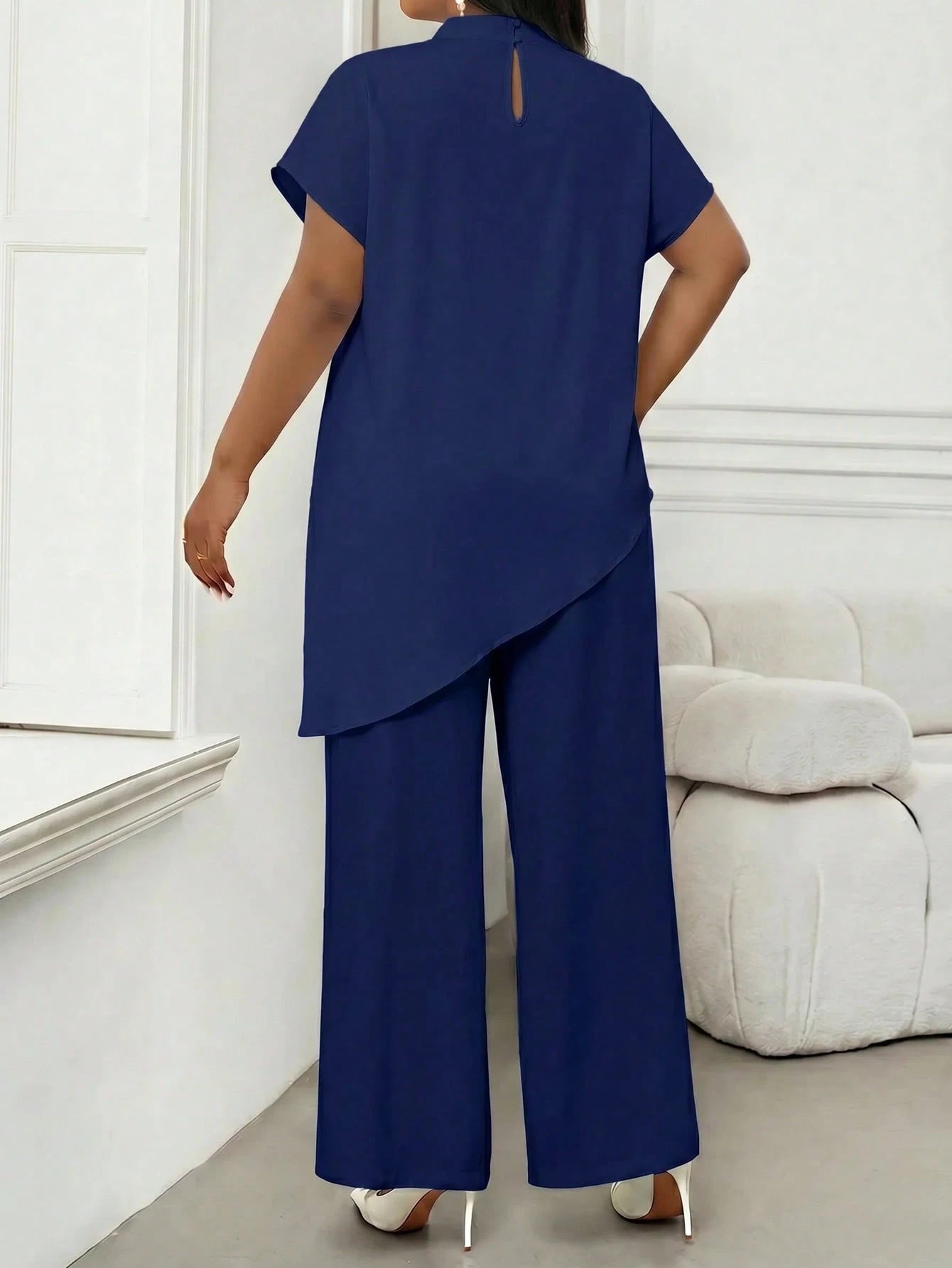 Lady Plus Size Women's Solid Color Stand Collar Top And Long Pants Casual Elegant Evening Set Party Formal Office Navy Blue Summer Teachers' Day