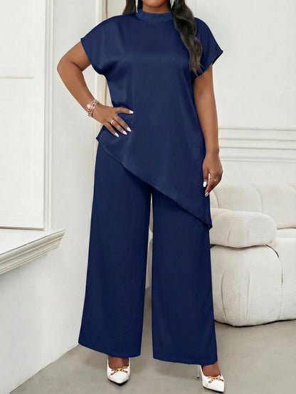 Lady Plus Size Women's Solid Color Stand Collar Top And Long Pants Casual Elegant Evening Set Party Formal Office Navy Blue Summer Teachers' Day