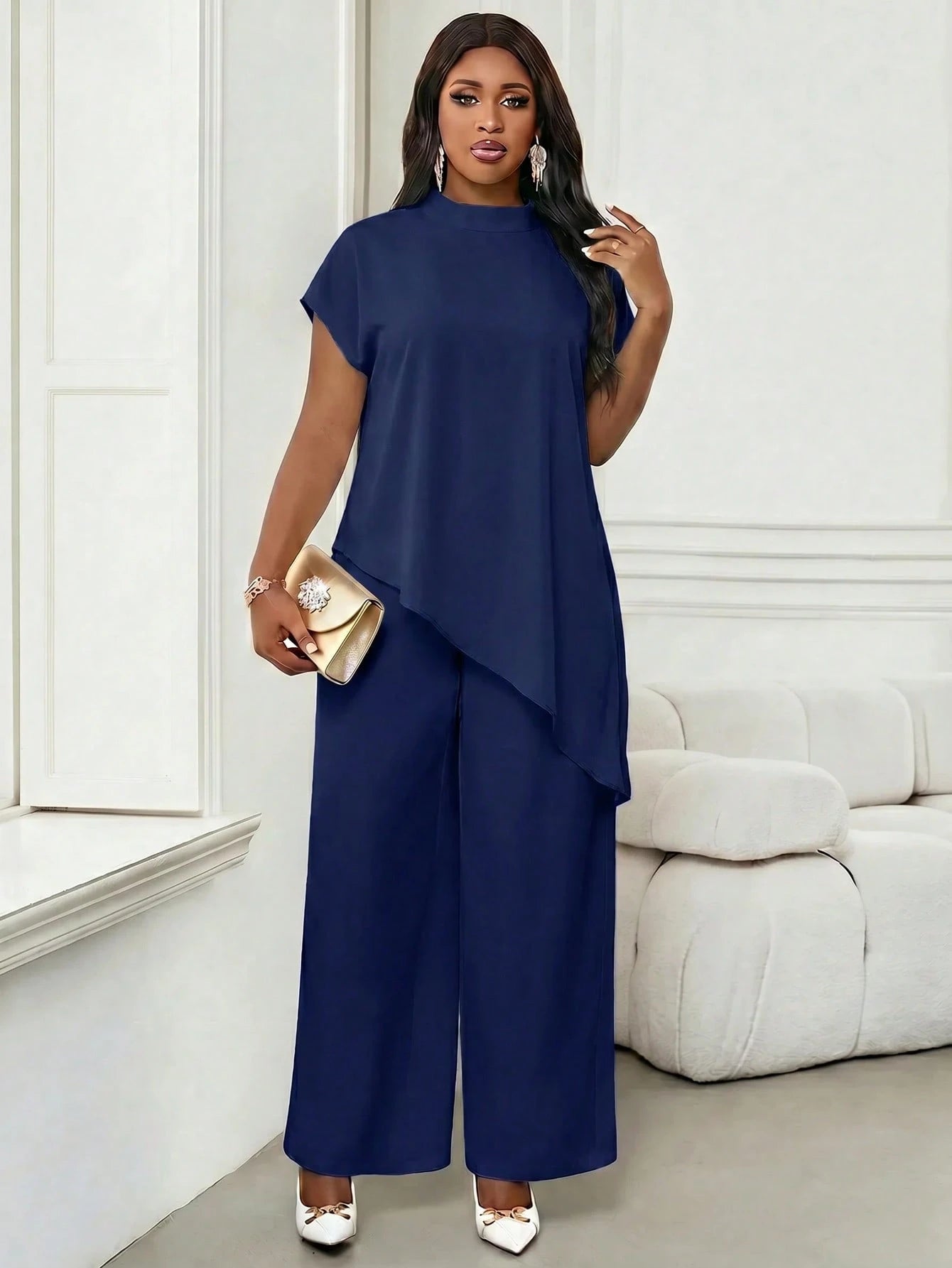 Lady Plus Size Women's Solid Color Stand Collar Top And Long Pants Casual Elegant Evening Set Party Formal Office Navy Blue Summer Teachers' Day