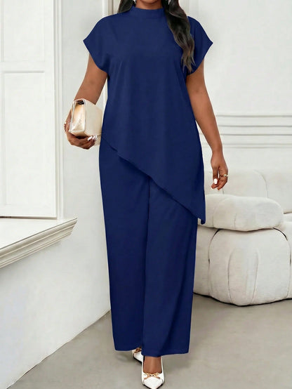 Lady Plus Size Women's Solid Color Stand Collar Top And Long Pants Casual Elegant Evening Set Party Formal Office Navy Blue Summer Teachers' Day