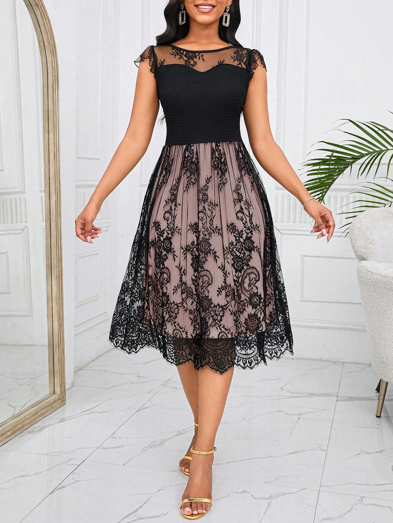 Lady Women's Black Lace Round Neck Ruffle Sleeve Dress