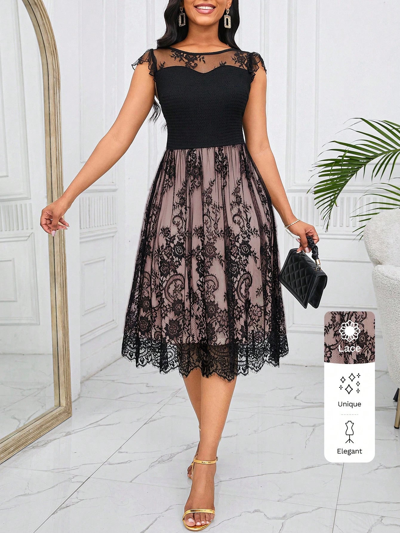 Lady Women's Black Lace Round Neck Ruffle Sleeve Dress