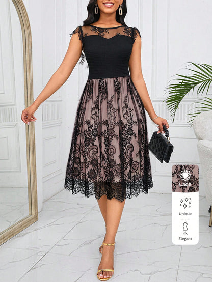 Lady Women's Black Lace Round Neck Ruffle Sleeve Dress