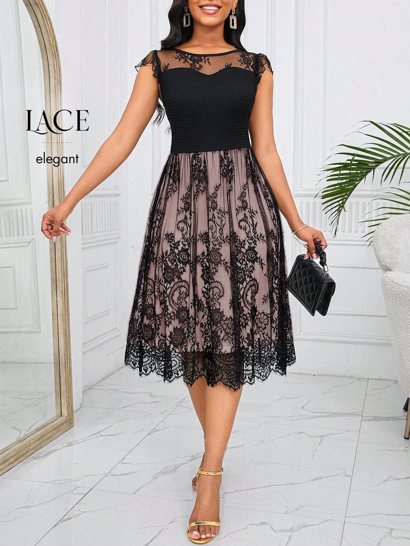 Lady Women's Black Lace Round Neck Ruffle Sleeve Dress