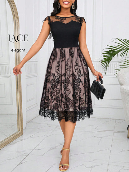 Lady Women's Black Lace Round Neck Ruffle Sleeve Dress