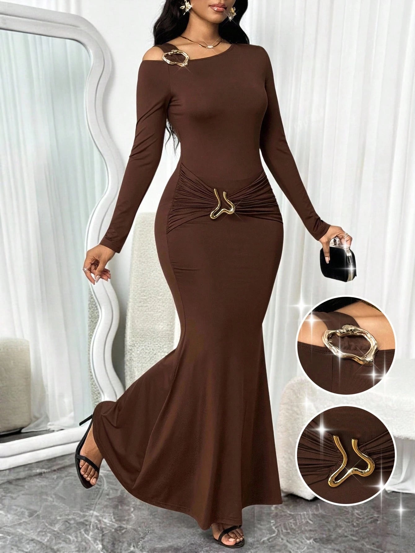 Lady Women's Elegant Elegant Asymmetric Neckline Fishtail Dress For Party Dinner Coffee Brown Autumn