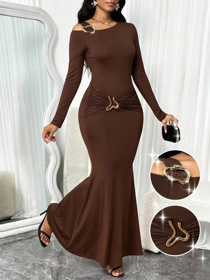 Lady Women's Elegant Elegant Asymmetric Neckline Fishtail Dress For Party Dinner Coffee Brown Autumn