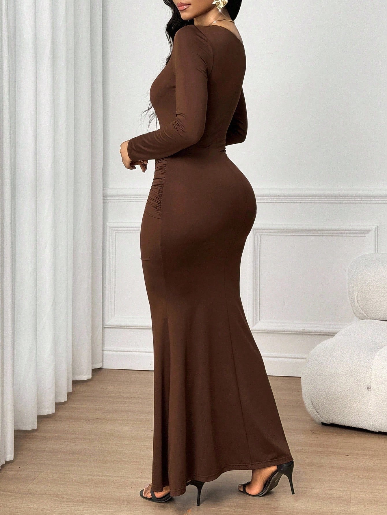 Lady Women's Elegant Elegant Asymmetric Neckline Fishtail Dress For Party Dinner Coffee Brown Autumn
