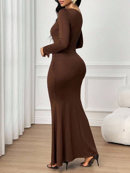 Lady Women's Elegant Elegant Asymmetric Neckline Fishtail Dress For Party Dinner Coffee Brown Autumn