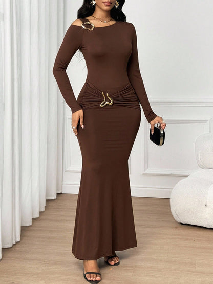 Lady Women's Elegant Elegant Asymmetric Neckline Fishtail Dress For Party Dinner Coffee Brown Autumn