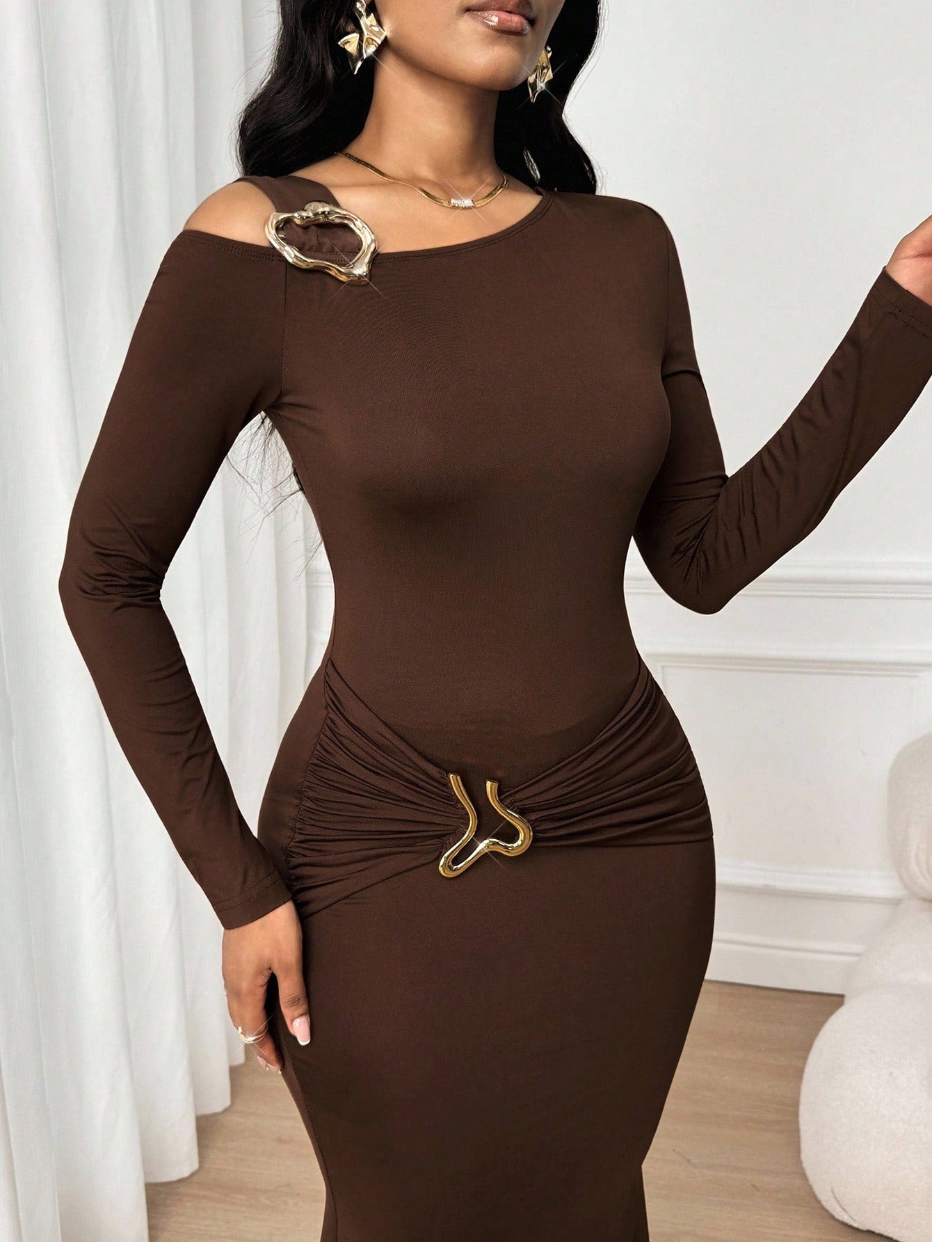 Lady Women's Elegant Elegant Asymmetric Neckline Fishtail Dress For Party Dinner Coffee Brown Autumn