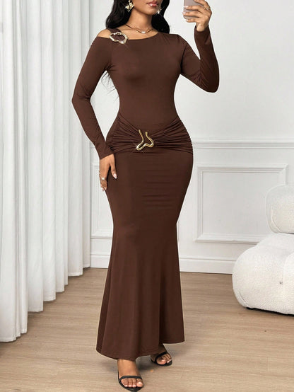 Lady Women's Elegant Elegant Asymmetric Neckline Fishtail Dress For Party Dinner Coffee Brown Autumn