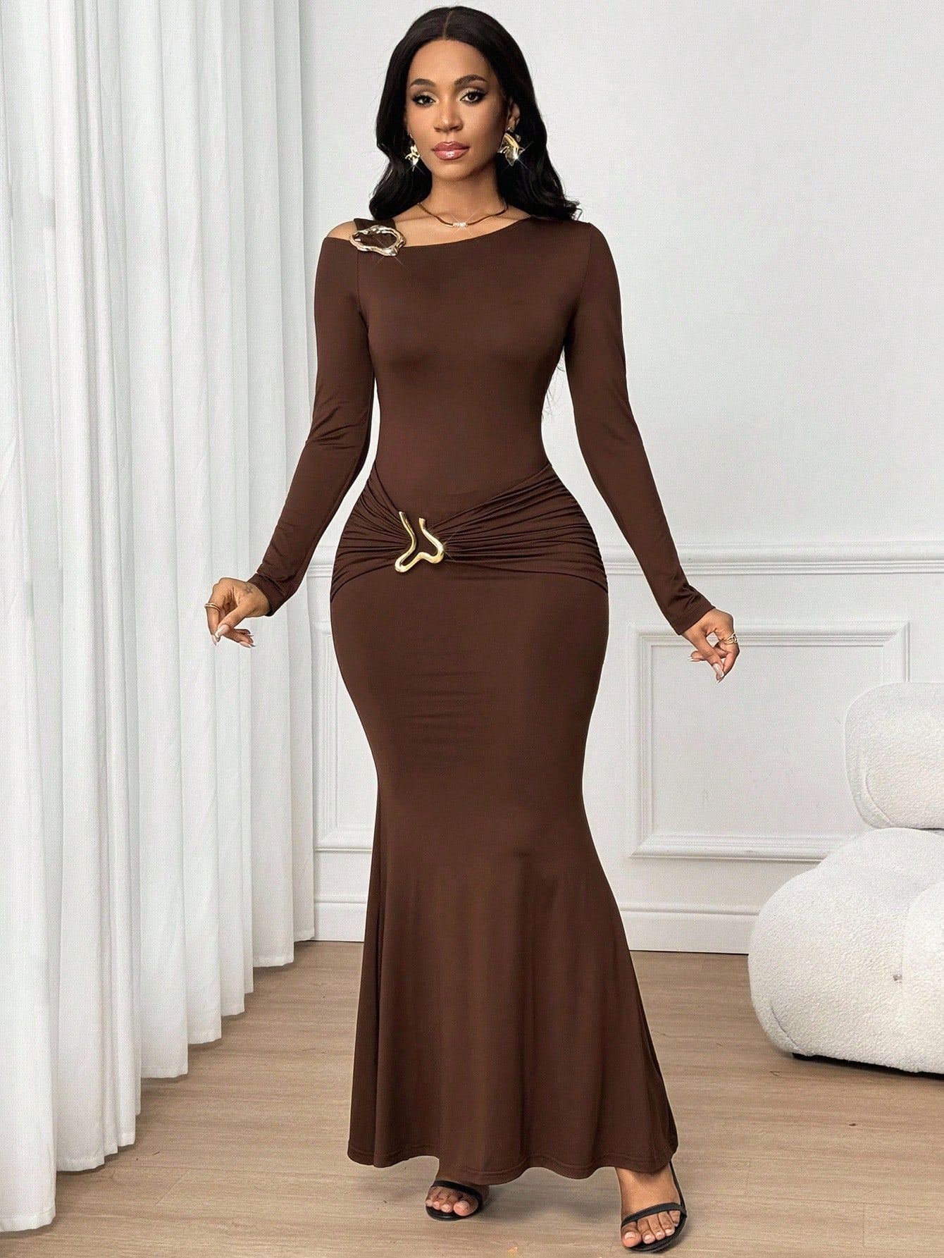 Lady Women's Elegant Elegant Asymmetric Neckline Fishtail Dress For Party Dinner Coffee Brown Autumn